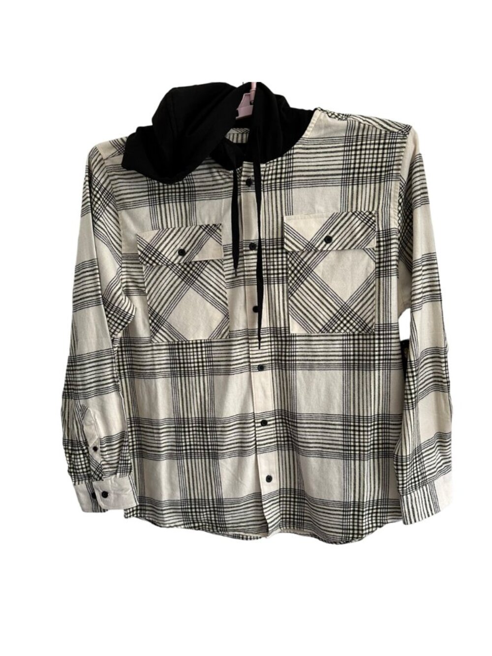 No Boundaries Oversized Men's Large Black Cream Plaid Hooded Flannel Shacket NWT - Picture 3 of 11